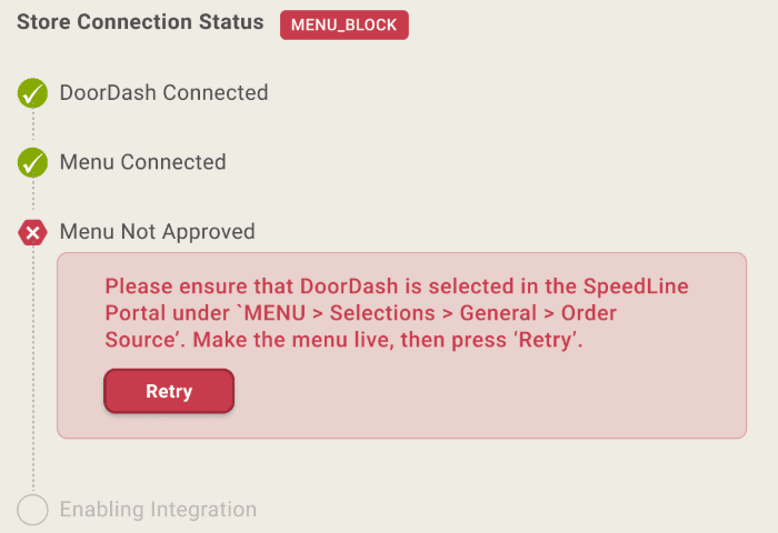 Store connection checklist blocked: a red badge, two green steps, then a red error step with instructions and a Retry button