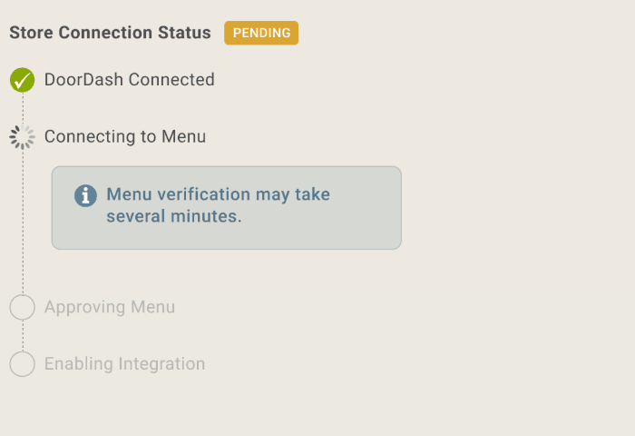 Store connection checklist in progress: an amber Pending badge, one green completed step, a loading step and a blue info note