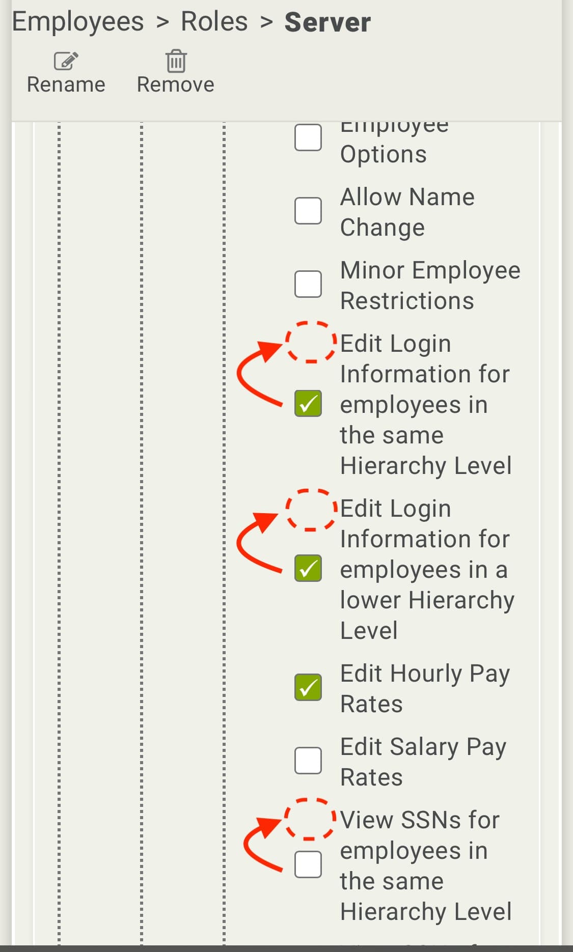 A permissions list on a phone, with red annotations showing that each checkbox should line up with the first line of its wrapped label