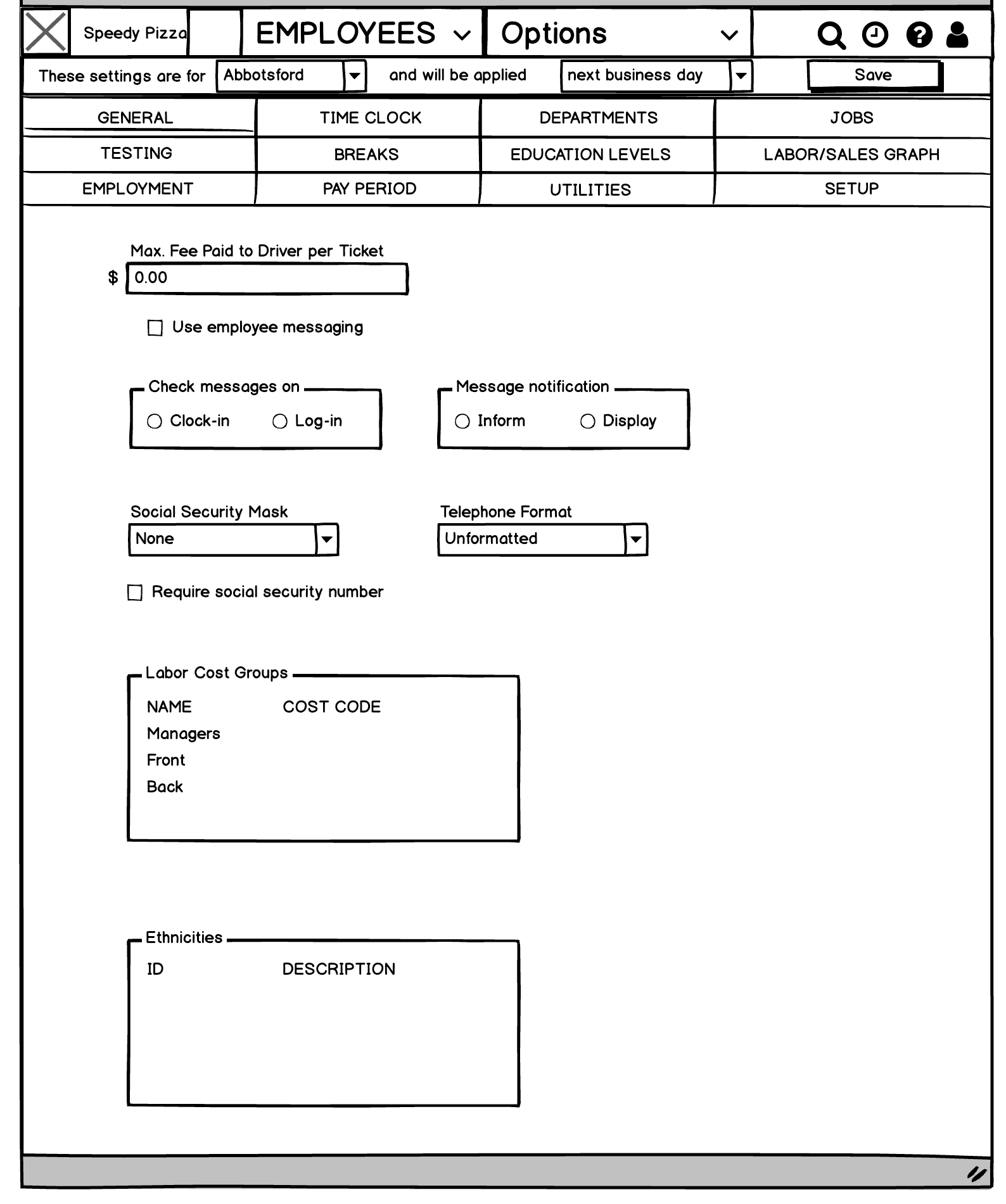 Wireframe of Employees > Options with twelve pages shown as three stacked rows of tabs above the form