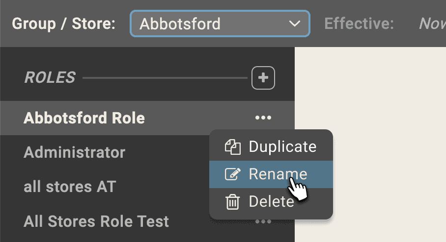 The Roles list with an ellipsis menu open on 'Abbotsford Role', showing Duplicate, Rename and Delete