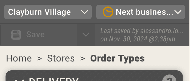 Mobile layout: the Clayburn Village store picker beside an effective time of 'Next business day', with Save and 'Last saved by' below