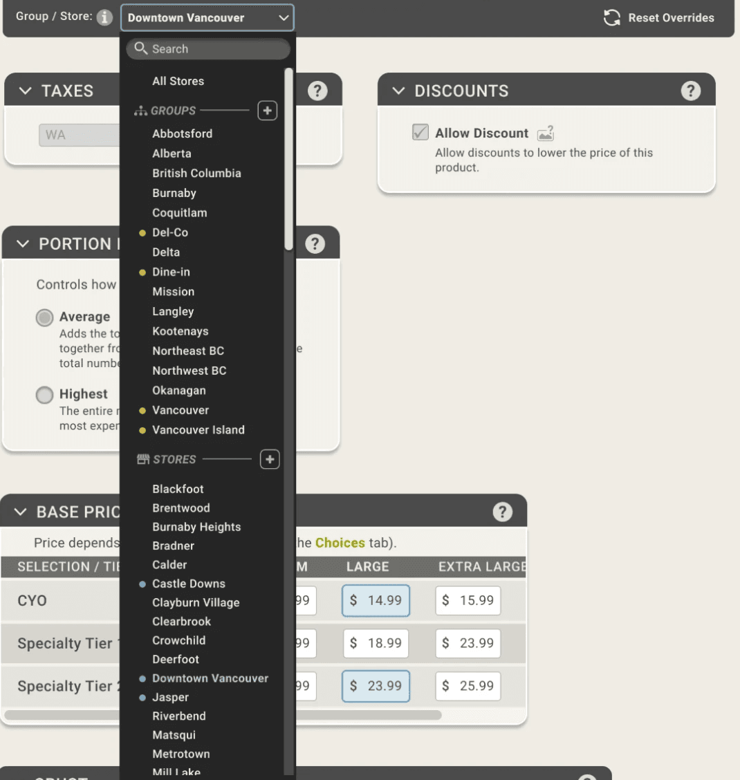 The Group / Store picker open over a pizza's pricing page. It lists All Stores, then Groups and Stores with search. Orange dots mark four groups and blue dots mark three stores.