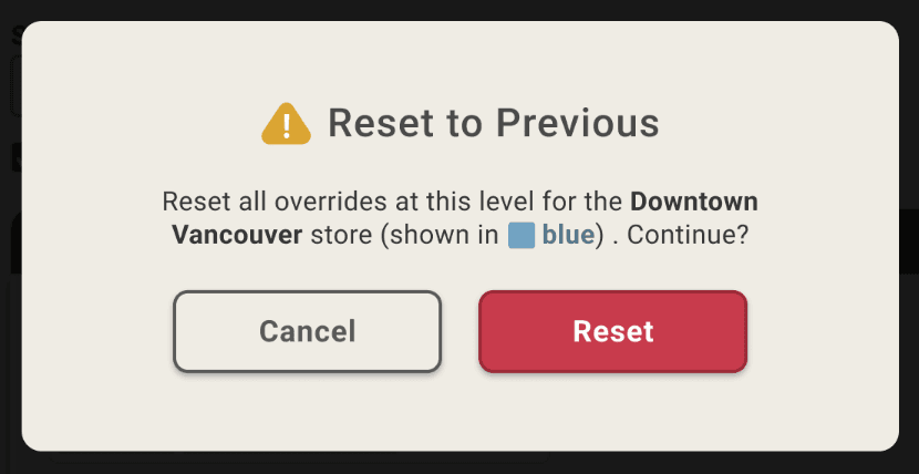 The same dialog for the Downtown Vancouver store, shown in blue